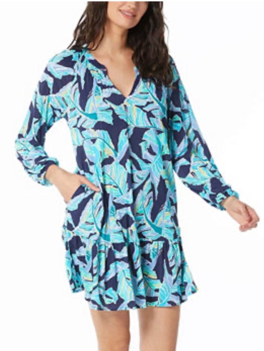 Beach House Navy Tunic with Teal & Aqua Leaf Print